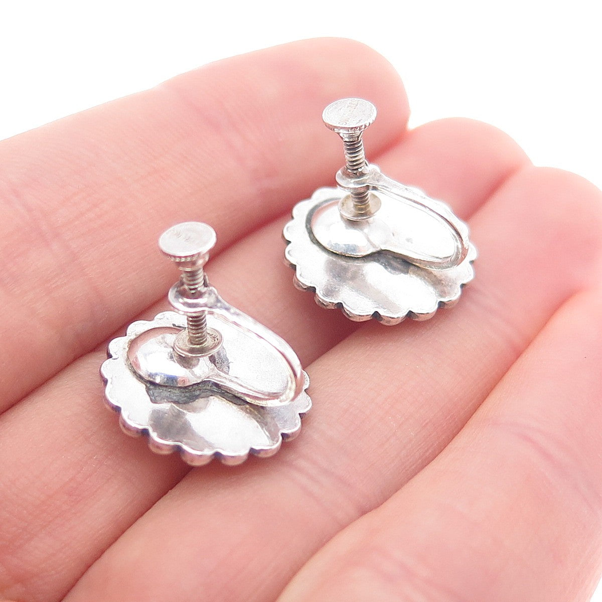 925 Sterling Silver Vintage Beaded Sun Oxidized Screw Back Earrings