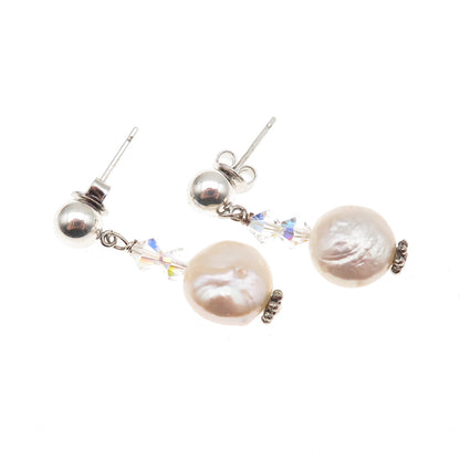 925 Sterling Silver Real Pearl & Crystal Dangle Earrings