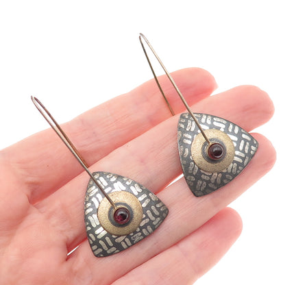 Keith Lewis Sterling Silver 2-Tone Vintage Real Red Garnet Modernist Earrings