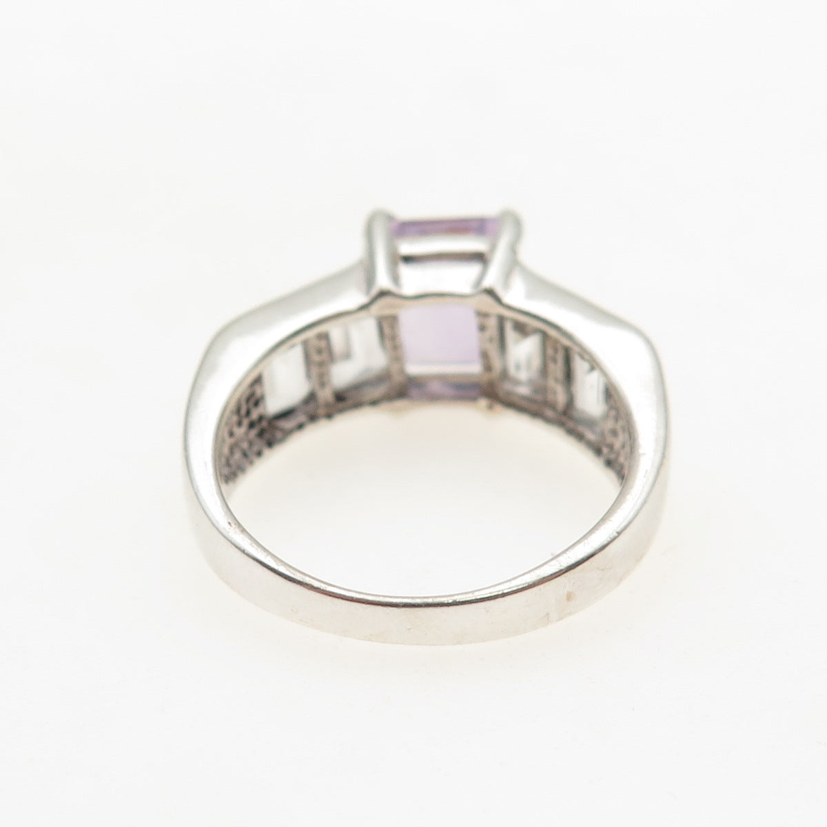 925 Sterling Silver Vintage Real Emerald-Cut Amethyst & White Topaz Ring Size 8