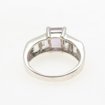 925 Sterling Silver Vintage Real Emerald-Cut Amethyst & White Topaz Ring Size 8