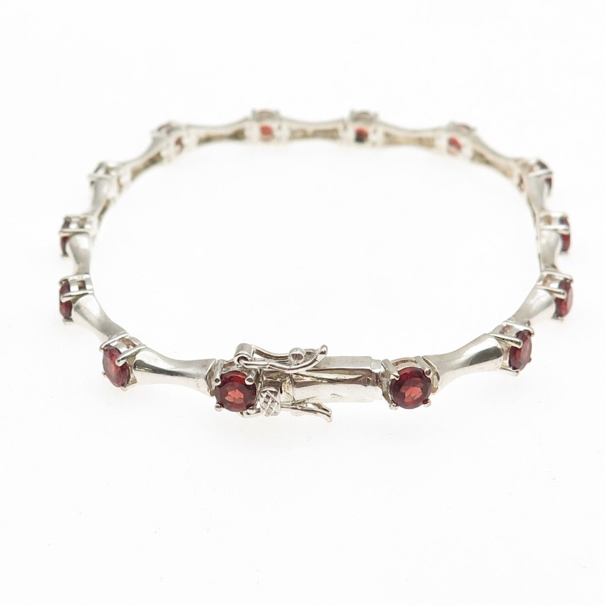 HAN 925 Sterling Silver Vintage Real Red Garnet Bamboo Link Bracelet 7.25"