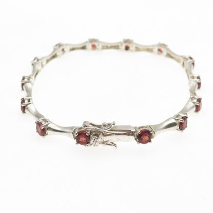 HAN 925 Sterling Silver Vintage Real Red Garnet Bamboo Link Bracelet 7.25"