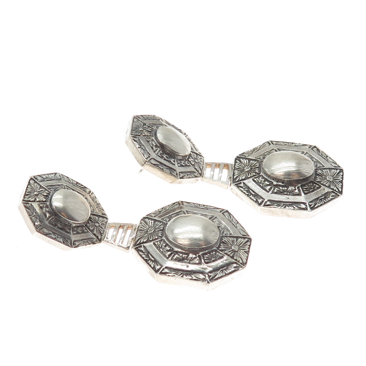ANATOLI 925 Sterling Silver Vintage Engraved Flower Oxidized Dangle Earrings