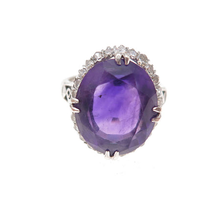 925 Sterling Silver Antique Art Deco Real Diamond & Amethyst Ring Size 5