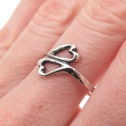 925 Sterling Silver Vintage Poland Modernist Heart Oxidized Bypass Ring Size 8