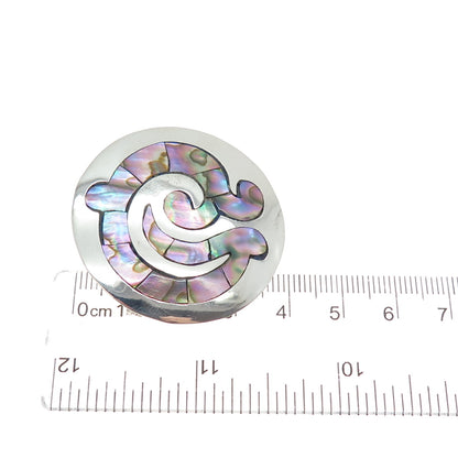925 Sterling Silver Vintage Mexico Real Abalone Shell Tribal Symbol Pin Brooch