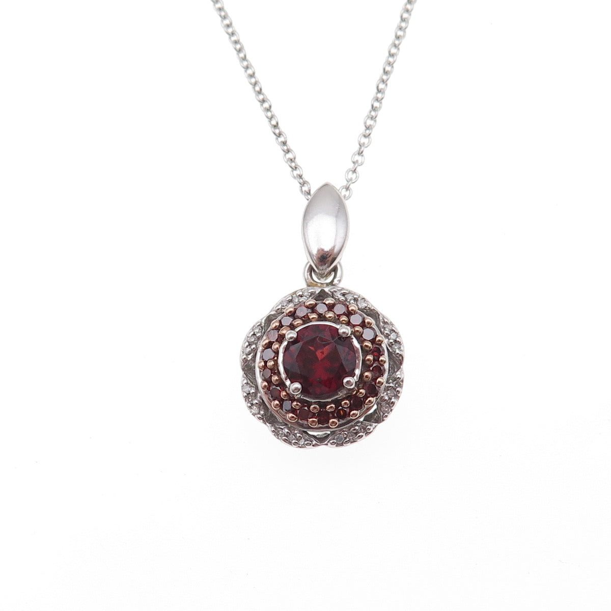 925 Sterling 2-Tone Real Red & White Diamond Garnet Cable Chain Necklace 18"