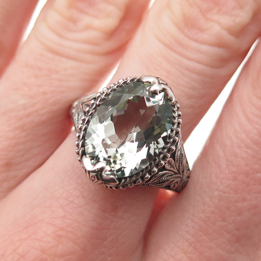 CNA Pranda 925 Sterling Silver Vintage Real Green Amethyst Floral Ring Size 10