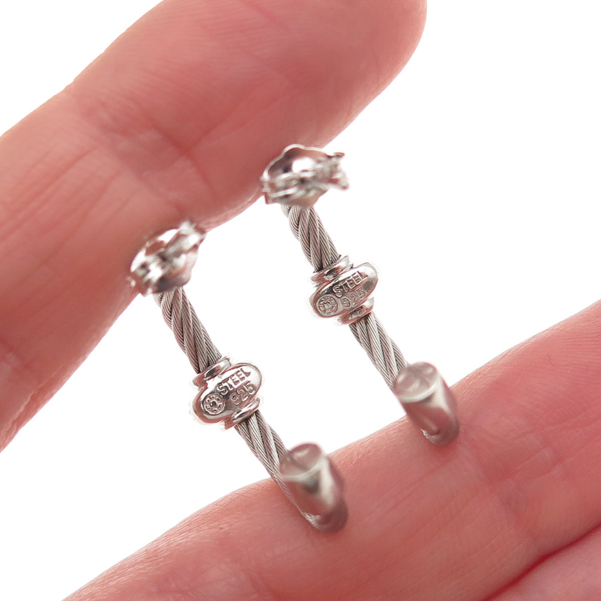 925 Sterling Silver & Steel Real Round-Cut Diamond Hoop Earrings