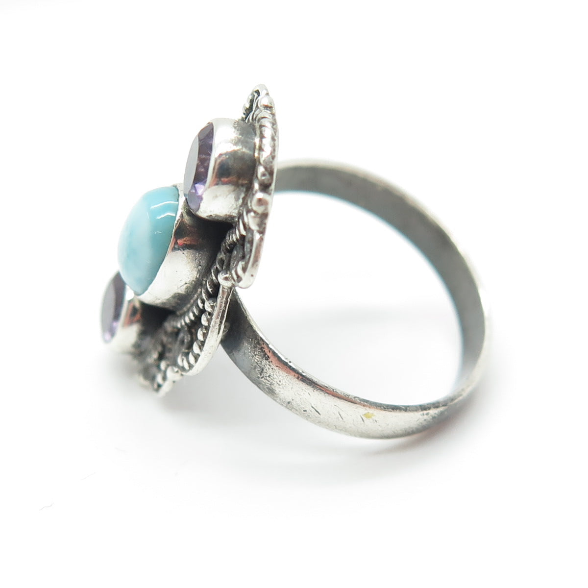 925 Sterling Silver Vintage Real Larimar & Amethyst Oxidized Ring Size 7.25