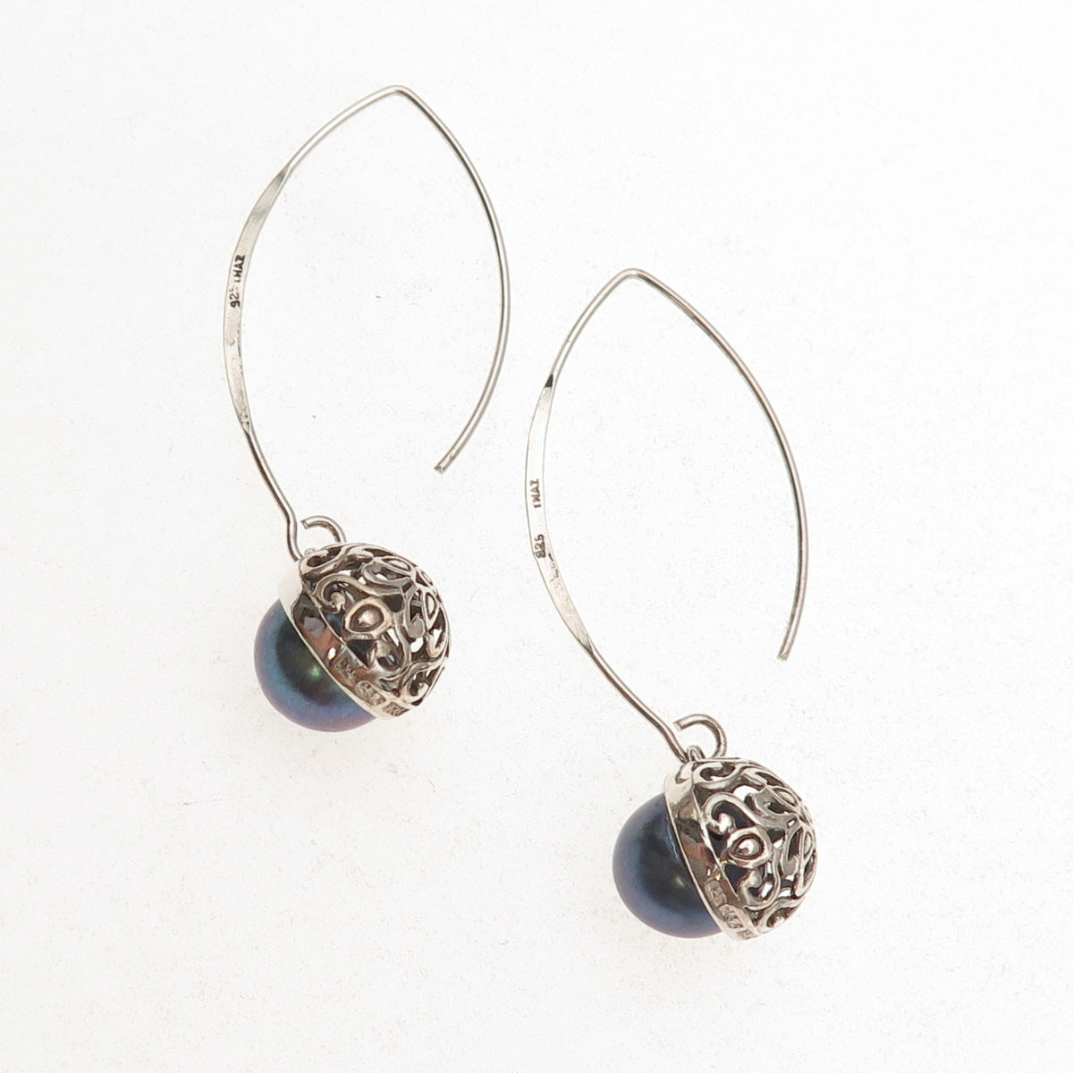 Collins 925 Sterling Silver Vintage Real Tahitian Pearl Dangle Earrings