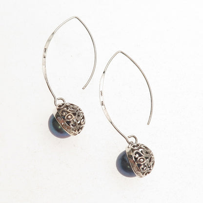 Collins 925 Sterling Silver Vintage Real Tahitian Pearl Dangle Earrings