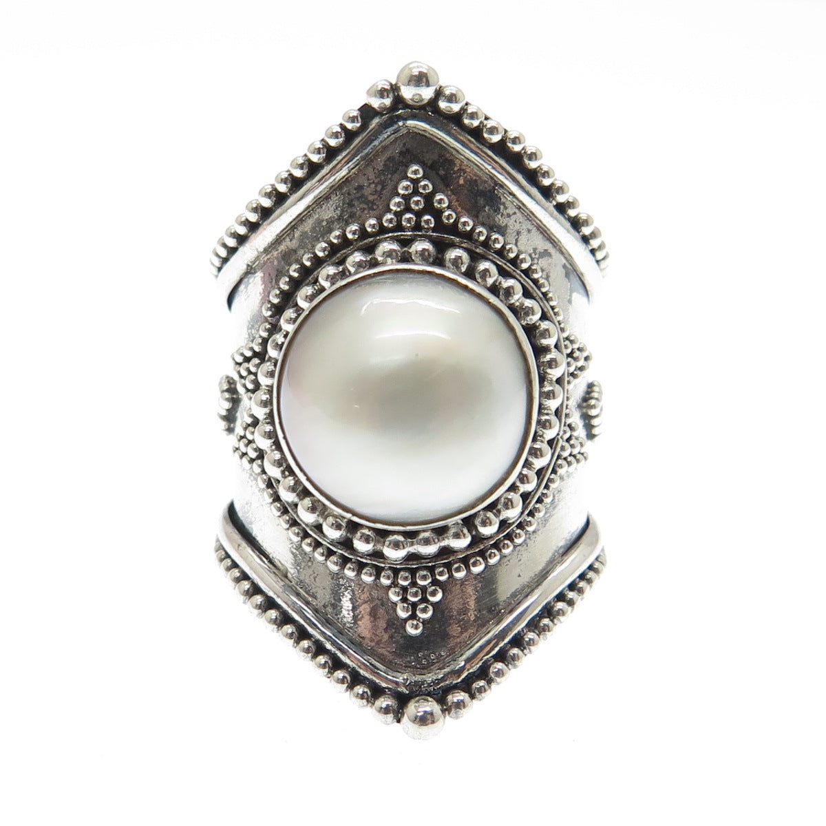 925 Sterling Silver Vintage Real Pearl Boho Beaded Statement Ring Size 7.5