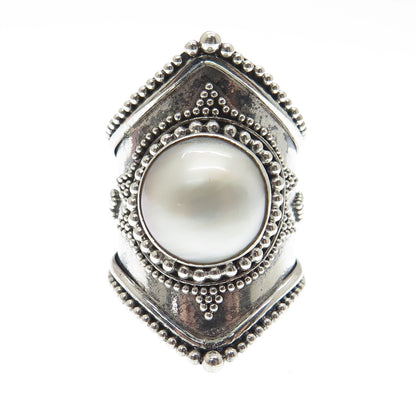 925 Sterling Silver Vintage Real Pearl Boho Beaded Statement Ring Size 7.5