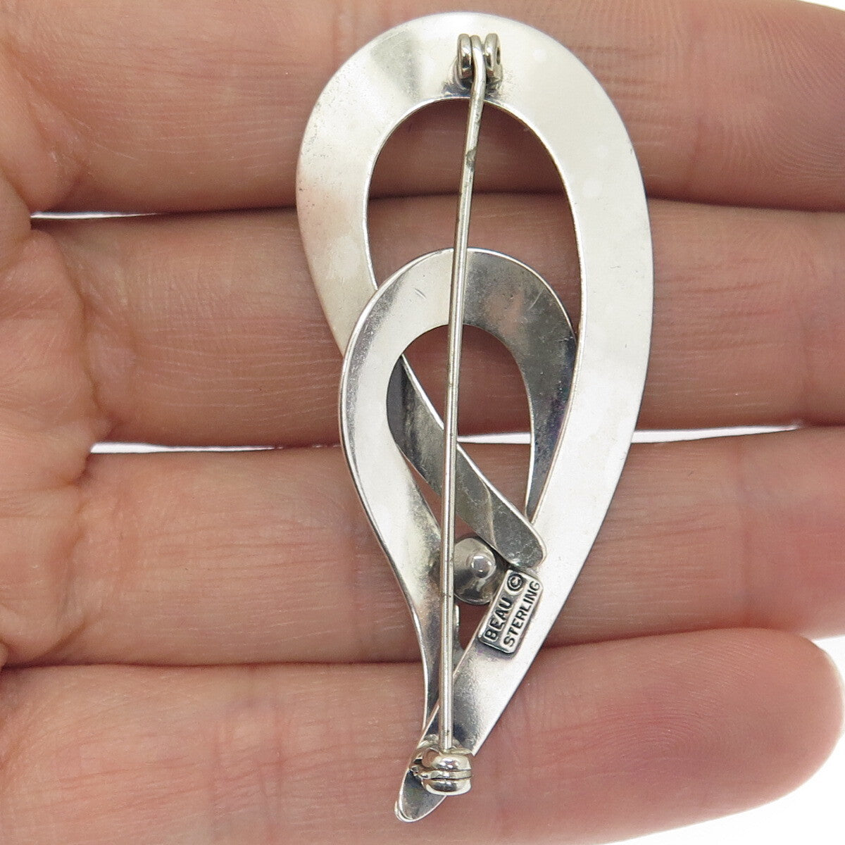 BEAU 925 Sterling Silver Vintage Interlocked Teardrop Modernist Pin Brooch