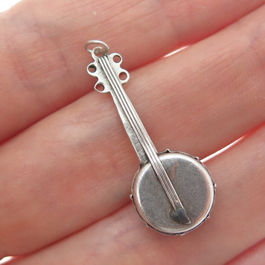 925 Sterling Silver Antique Art Deco Banjo Minimalist Oxidized 3D Charm Pendant