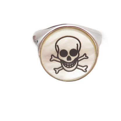 Dasan 925 Sterling Silver Real MOP Skull & Crossbones Signet Ring Size 10.25