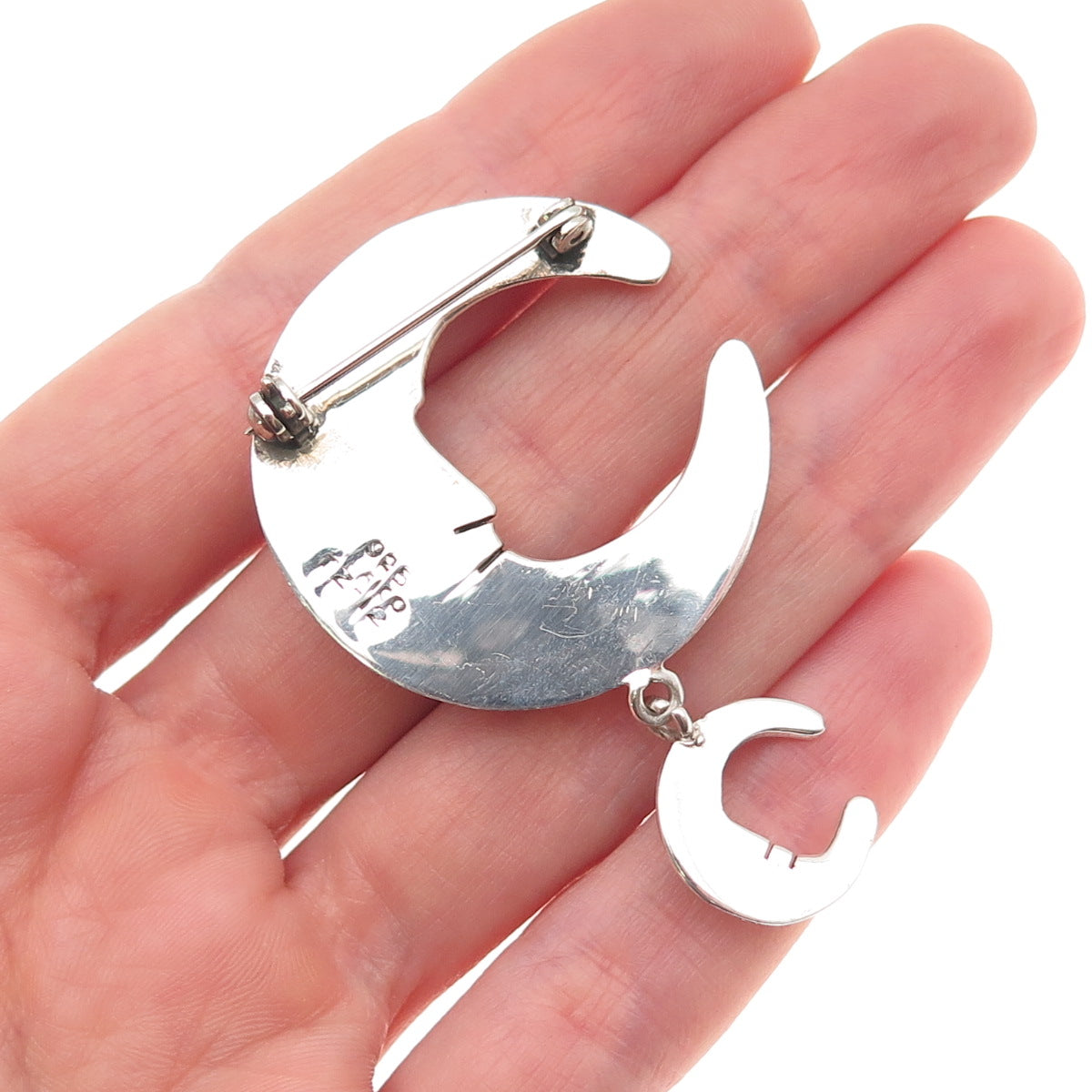 925 Sterling Silver Vintage Mexico Man in The Moon Crescent Pin Brooch