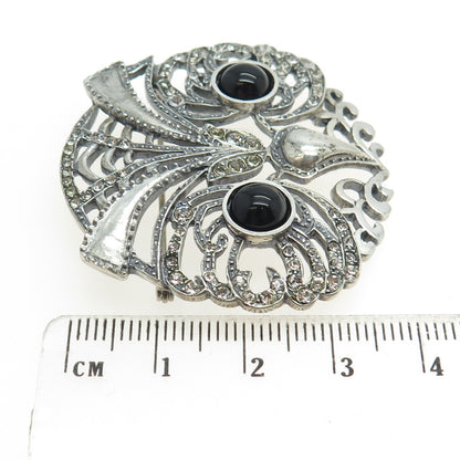 METROPOLITAN MUSEUM OF ART 925 Sterling Silver Vintage Black Onyx Gem Owl Brooch