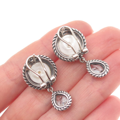 FD Felicia 925 Sterling Vintage Real Blue Topaz & Faux Pearl Omega Back Earrings