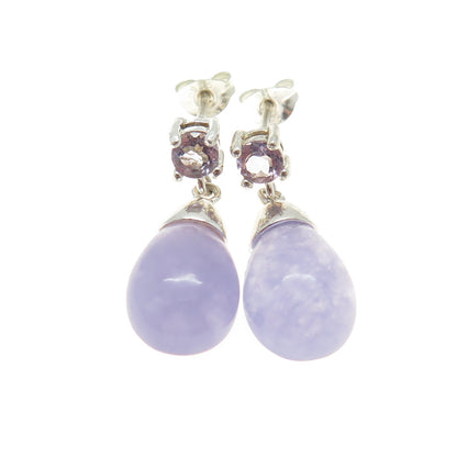 HAN 925 Sterling Silver Vintage Real Lavender Jade & Amethyst Gemstone Earrings