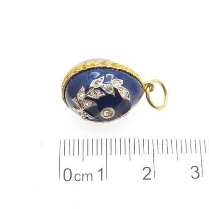 925 Sterling Silver Gold Plated Vintage Enamel Rhinestone Easter Egg Pendant