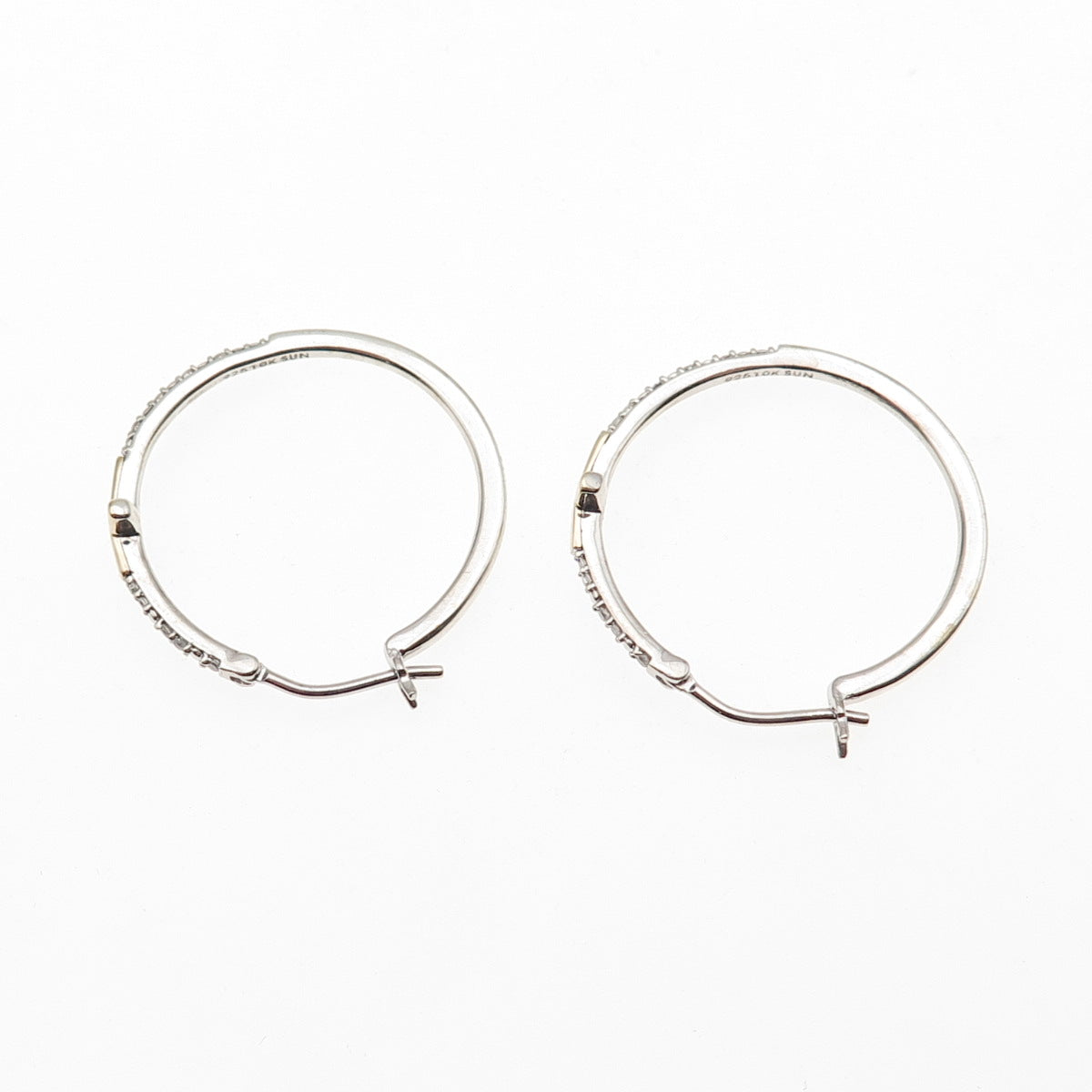 Sun 925 Sterling Silver 10K Gold Real Round-Cut Diamond Cross Hoop Earrings