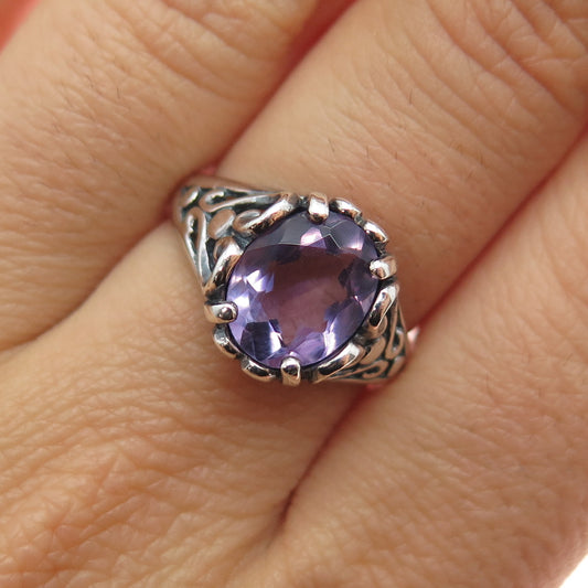 KABANA 925 Sterling Silver Vintage Real Amethyst Ornate Heart Ring Size 7