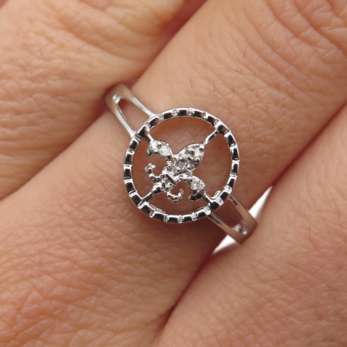 925 Sterling Silver Real Round-Cut Diamond Fleur de Lis Ring Size 8