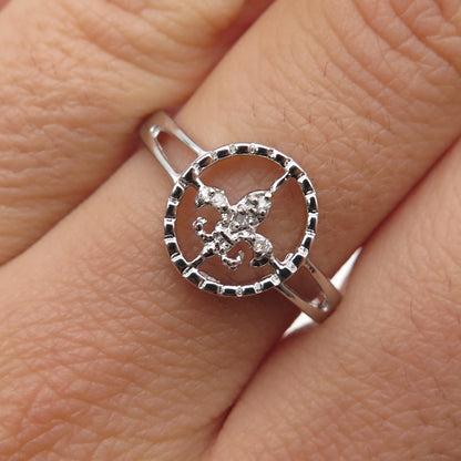 925 Sterling Silver Real Round-Cut Diamond Fleur de Lis Ring Size 8