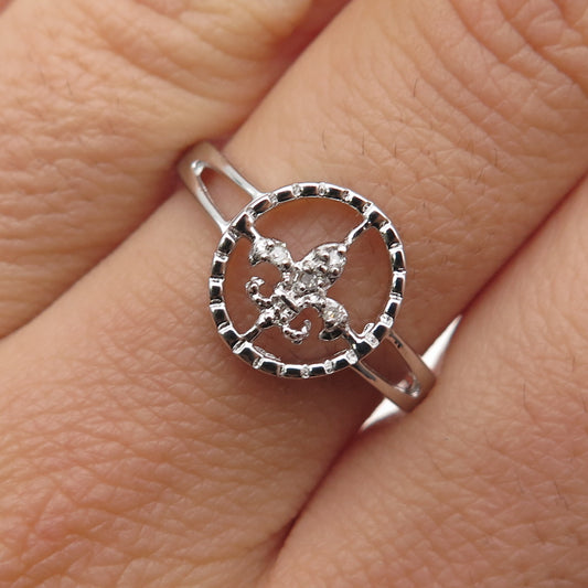 925 Sterling Silver Real Round-Cut Diamond Fleur de Lis Ring Size 8