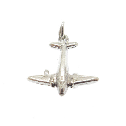 925 Sterling Silver Antique Art Deco Airplane 3D Charm Pendant