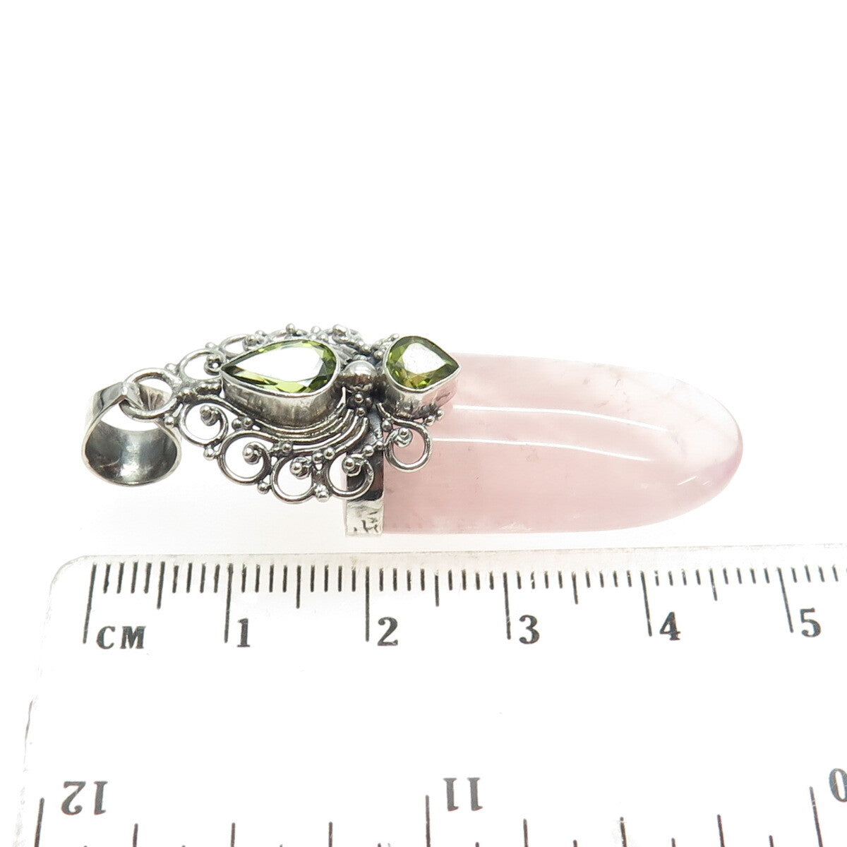 925 Sterling Silver Vintage Real Rose Quartz & Peridot Gemstone Amulet Pendant