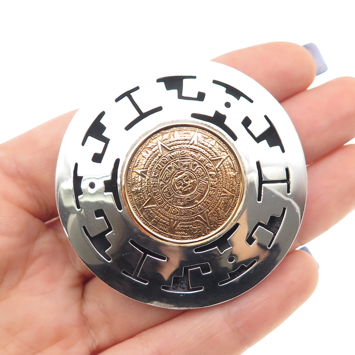 925 Sterling Silver 2-Tone Vintage Mexico Mayan Calendar Pin Brooch / Pendant
