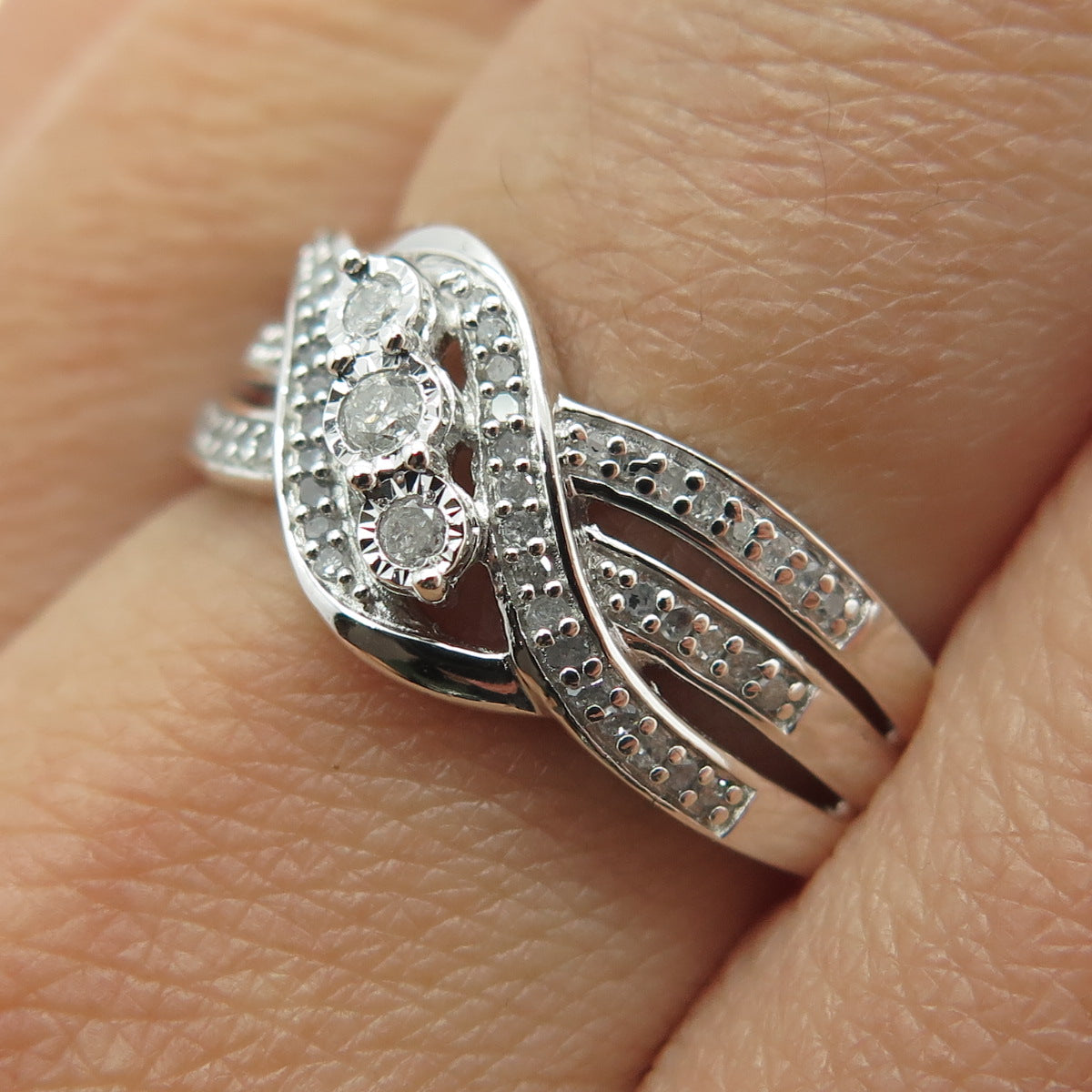 925 Sterling Silver Real Round-Cut Diamond Bypass Ring Size 8.25