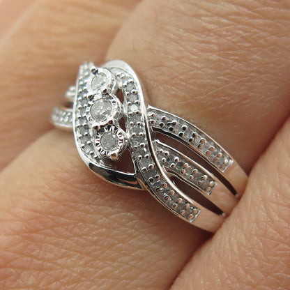 925 Sterling Silver Real Round-Cut Diamond Bypass Ring Size 8.25