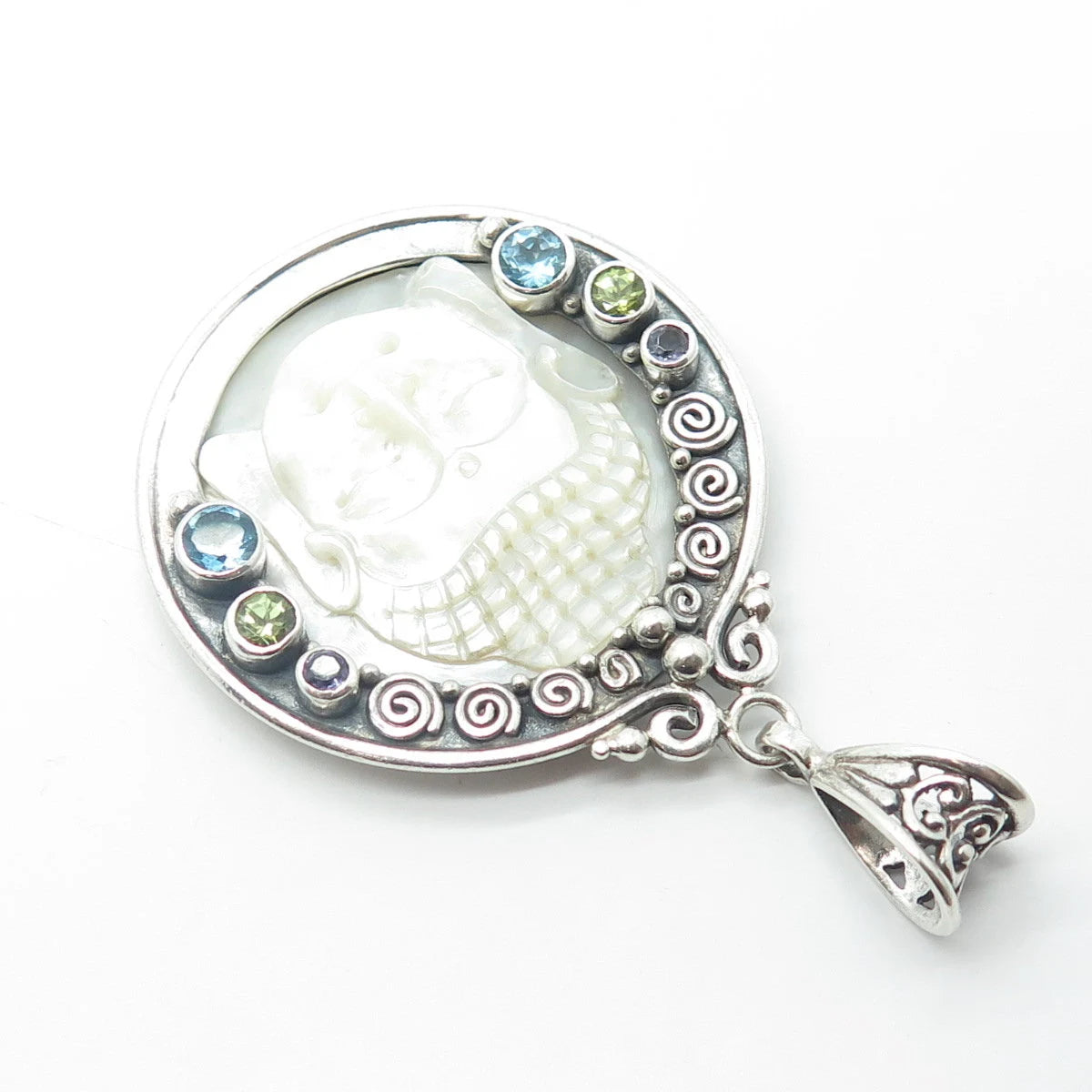 925 Sterling Silver Vintage Real MOP Iolite Topaz Peridot Buddha Amulet Pendant