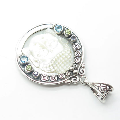 925 Sterling Silver Vintage Real MOP Iolite Topaz Peridot Buddha Amulet Pendant