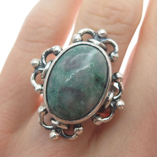 925 Sterling Silver Vintage Real Green Agate Floral Cross Oxidized Ring Size 8.5