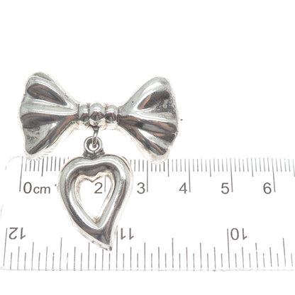 925 Sterling Silver Vintage Mexico Bow Open Heart Dangle Oxidized Brooch/Pendant