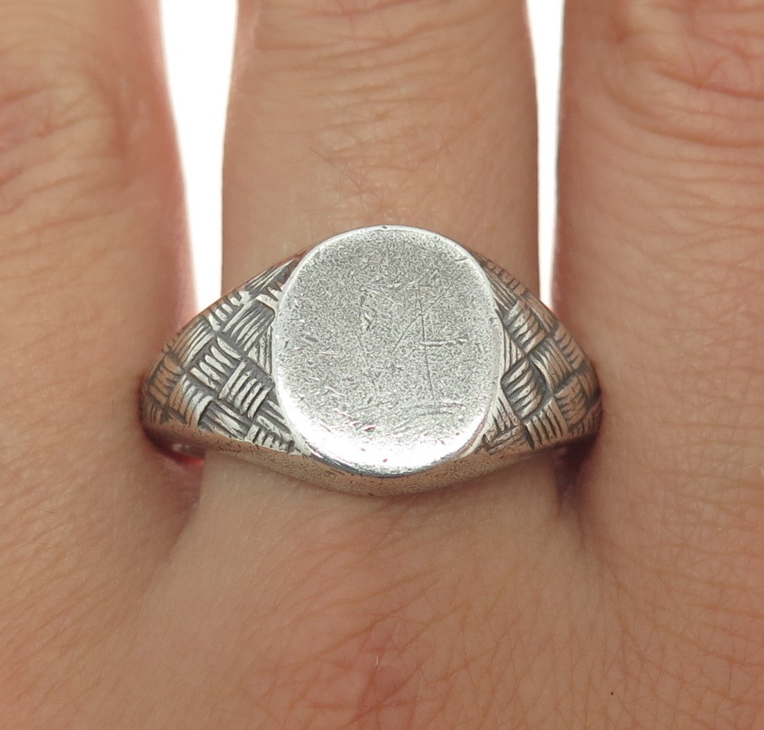 AVON 925 Sterling Silver Vintage Oxidized Wicker Signet Ring Size 13.25