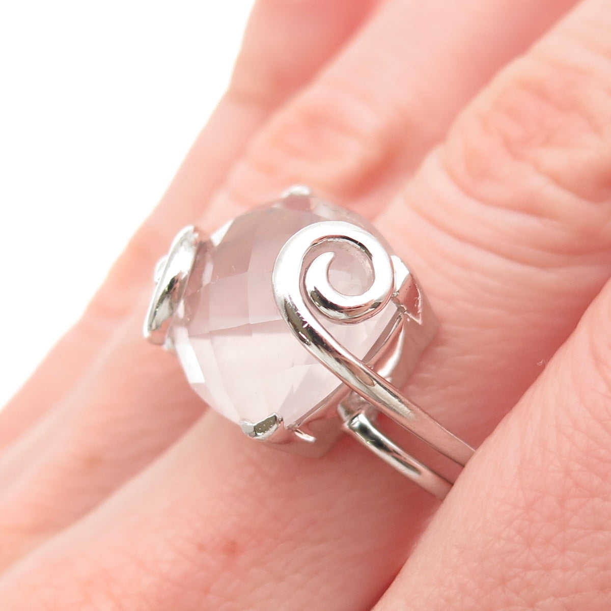 925 Sterling Silver Real Cushion-Cut Rose Quartz Swirl Ring Size 10.25