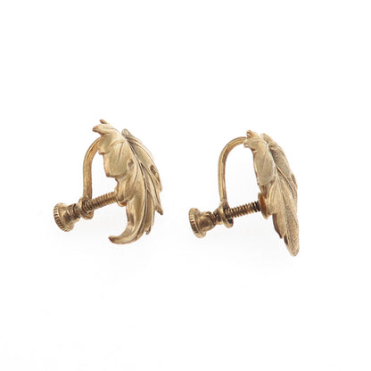 925 Sterling Silver Gold Plated Antique Art Deco Floral Leaf Screw Back Earrings