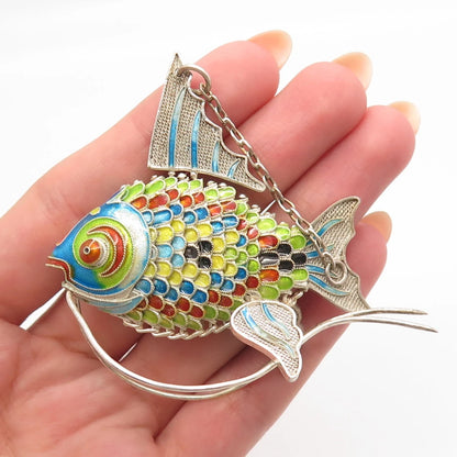 925 Sterling Silver Antique Enamel Chinese Koi Fish Articulated Fob / Pendant
