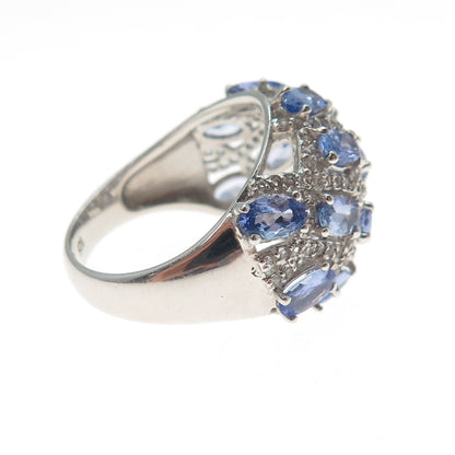 925 Sterling Silver Real Oval-Cut Tanzanite & Round-Cut White Topaz Ring Size 7