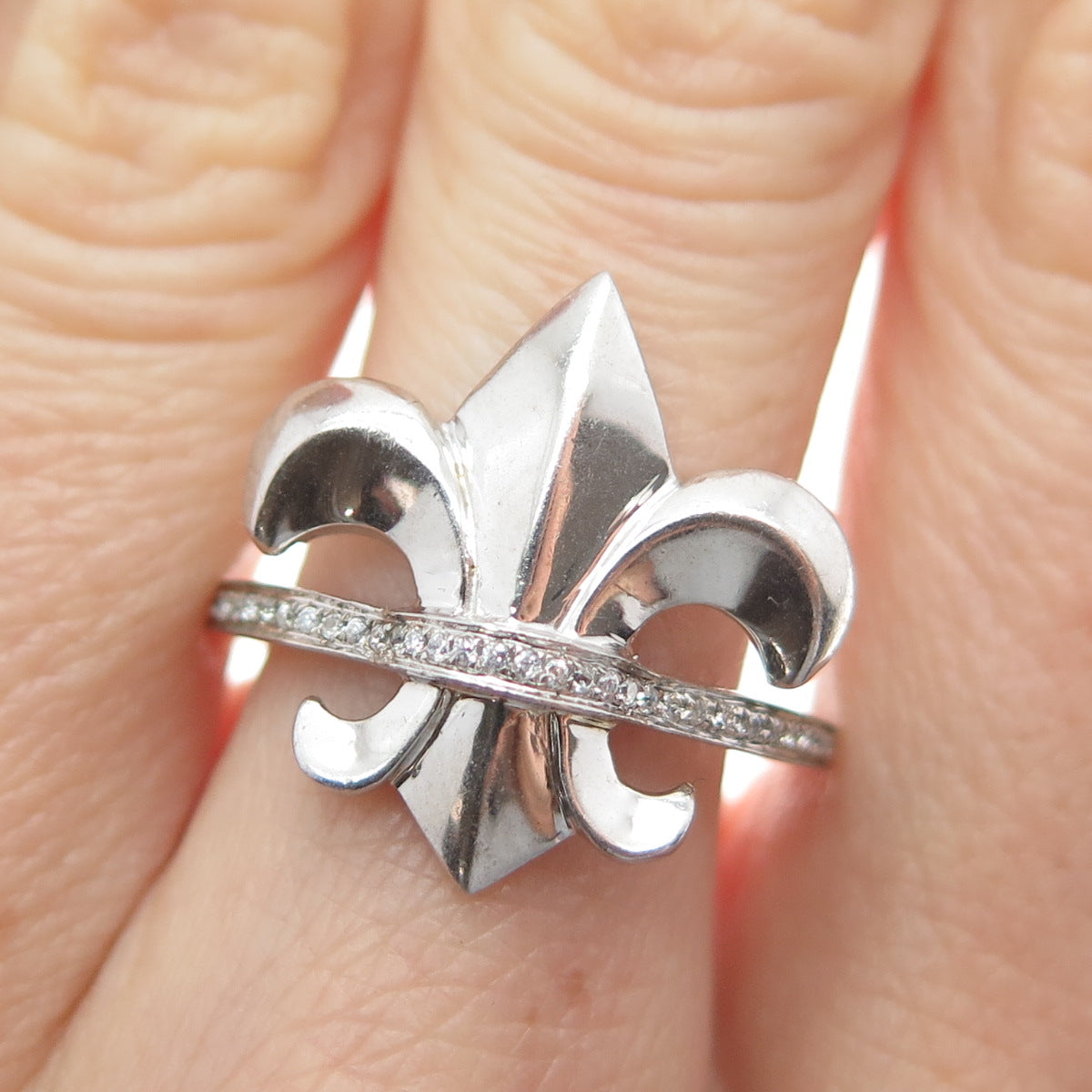 925 Sterling Silver Round-Cut Shaped C Z Fleur-de-Lis Ring Size 8.5
