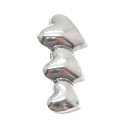 925 Sterling Silver Vintage Graduated Triple Puffy Heart Pin Brooch
