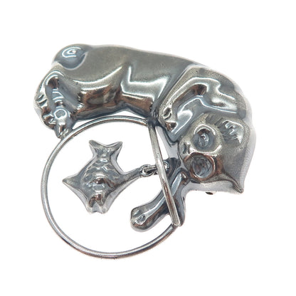 925 Sterling Silver Vintage CII Mexico Cat & Mouse Oxidized Pin Brooch