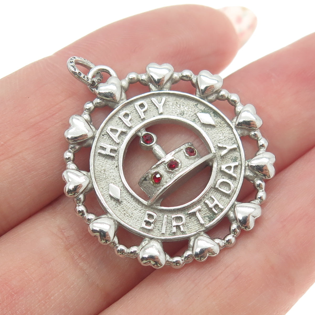 WELLS 925 Sterling Silver Vintage Red Rhinestone Happy Birthday Cake Pendant